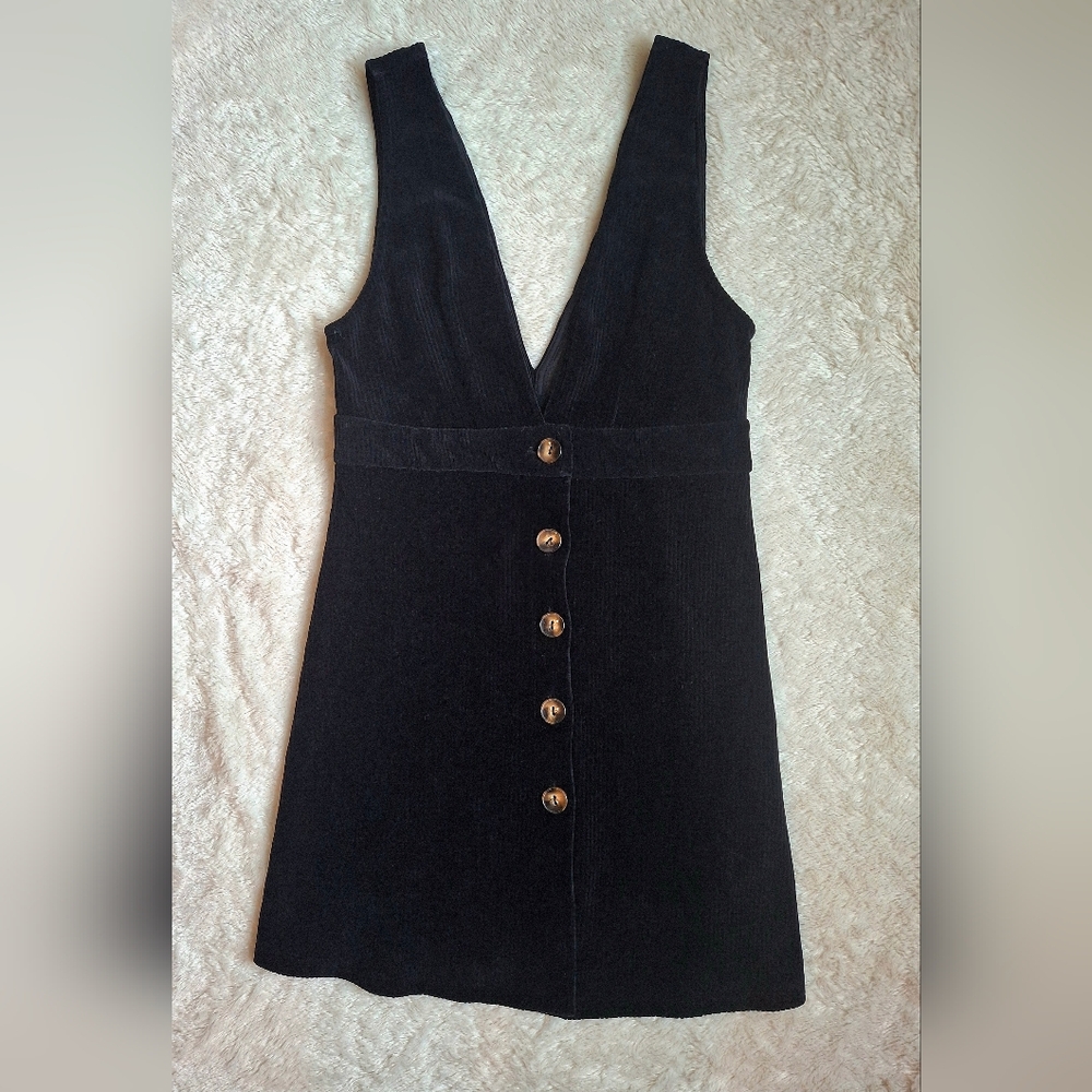 Topshop Black Corduroy Pinafore Dress Button Front A-Line Jumper US 10